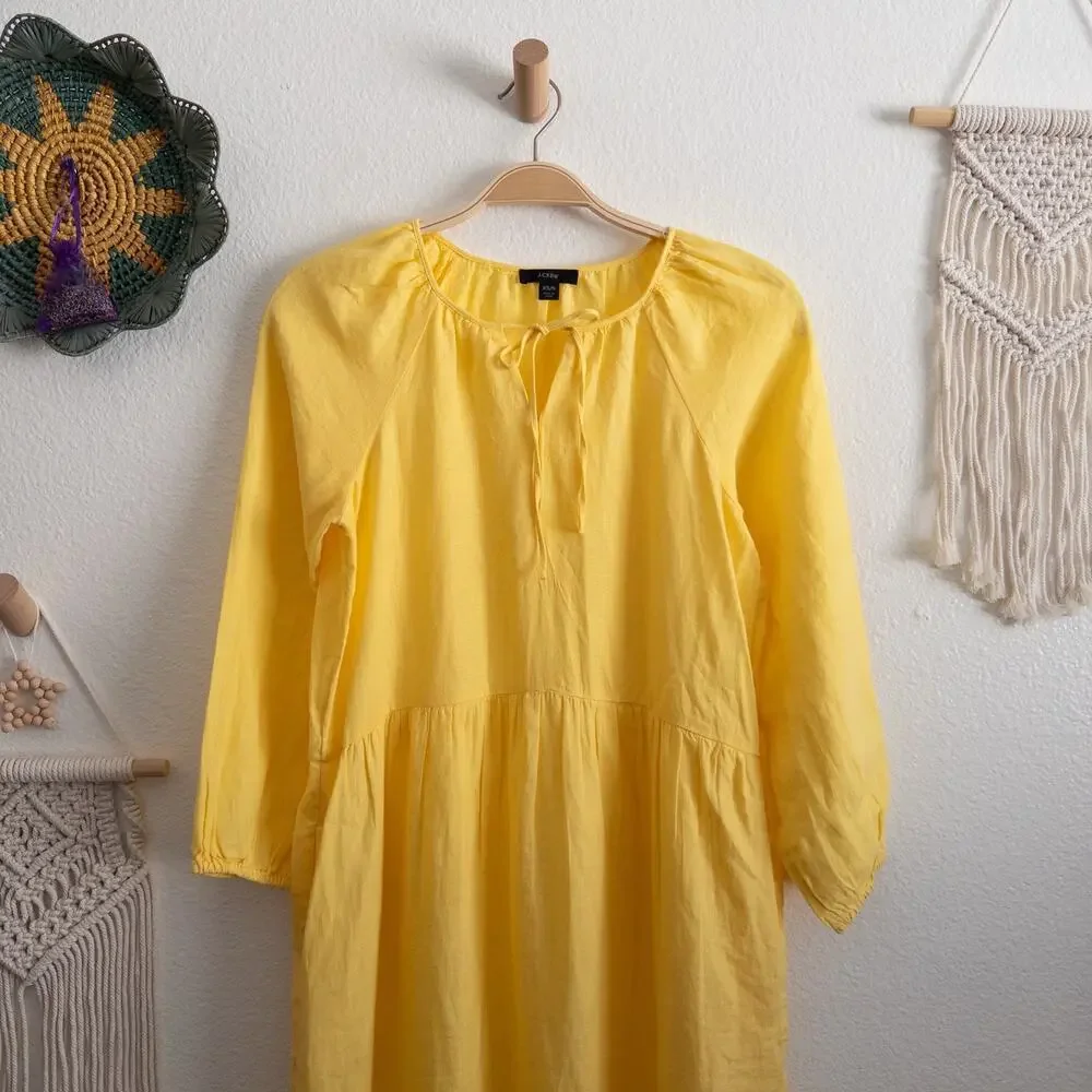 J. Crew Sunny Yellow Linen Tiered Ruffle Trim Midi Dress Size XS/S
